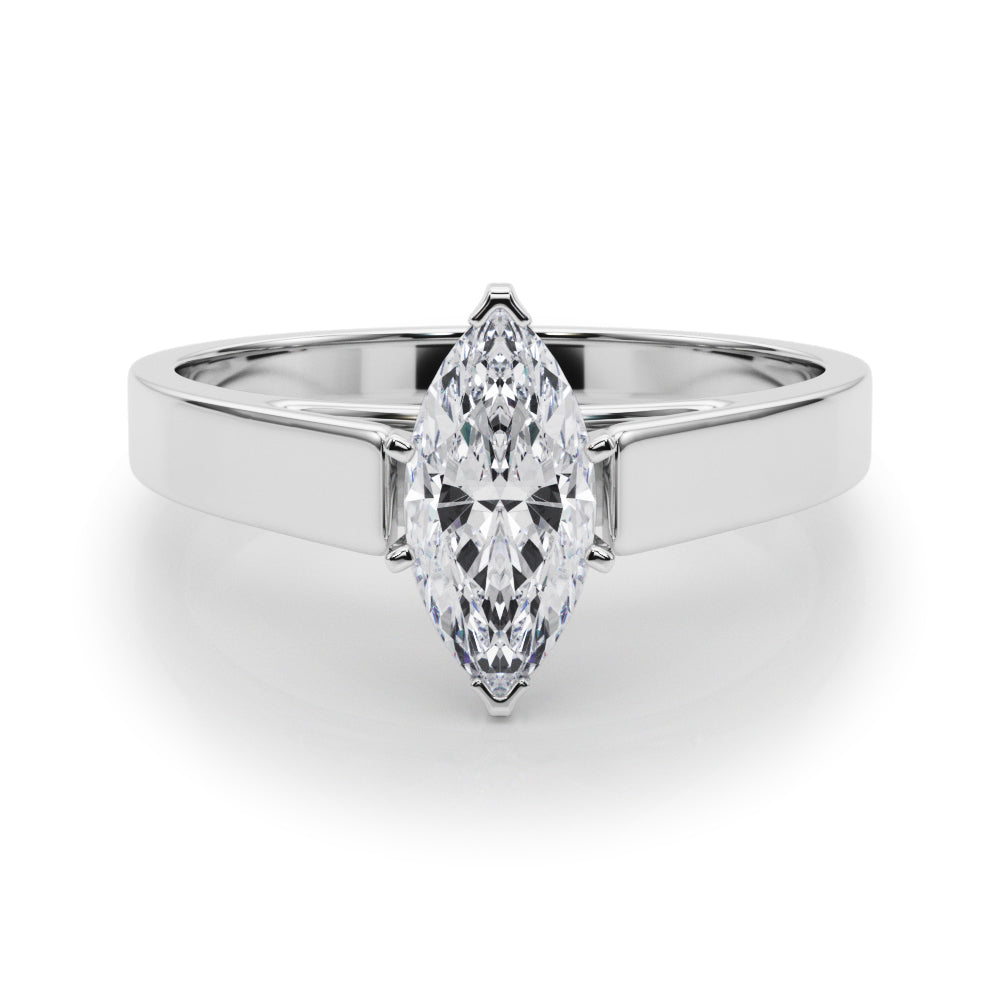 Silver Marquise Solitaire Engagement Ring with Four-Prong Setting and Tapered Band