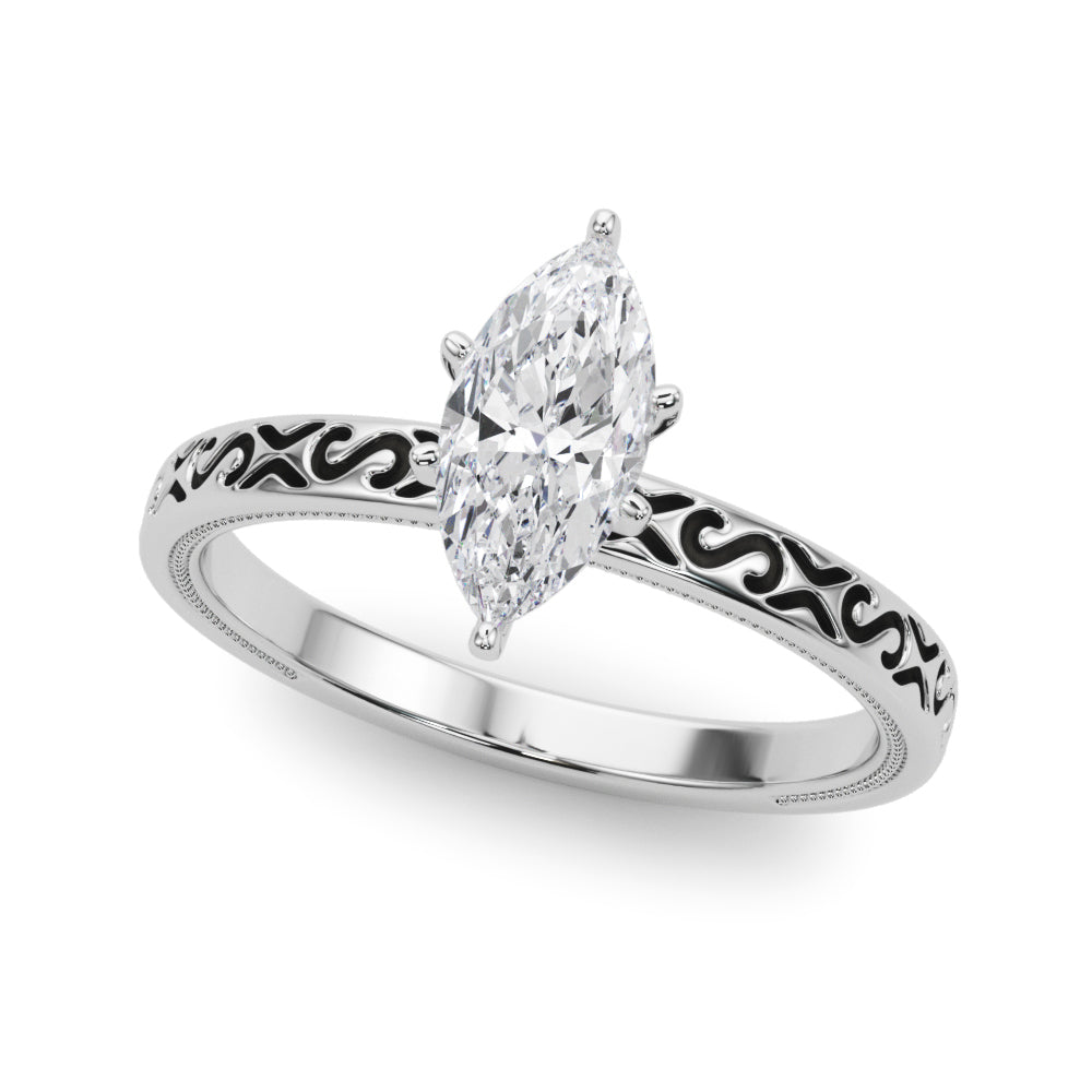 Silver Marquise Solitaire Engagement Ring with Scrollwork Band and Four-Prong Setting 2