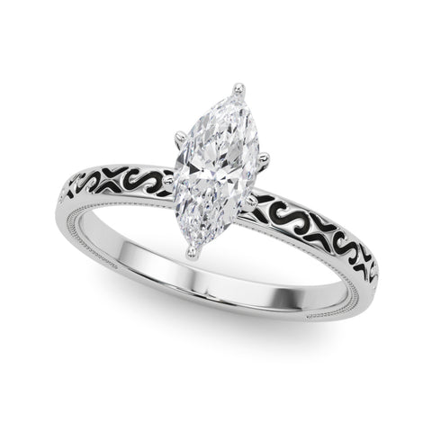 Silver Marquise Solitaire Engagement Ring with Scrollwork Band and Four-Prong Setting 2