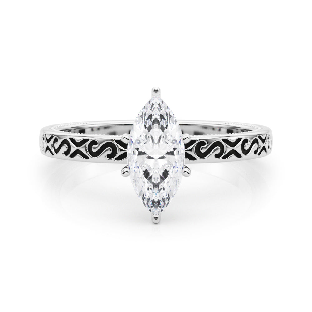 Silver Marquise Solitaire Engagement Ring with Scrollwork Band and Four-Prong Setting