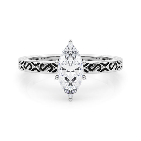 Silver Marquise Solitaire Engagement Ring with Scrollwork Band and Four-Prong Setting