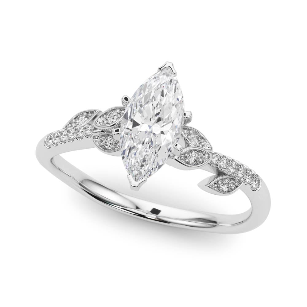 Silver Marquise Solitaire Leaf-Inspired Diamond Ring with Pavé Band and Four-Prong Setting 2