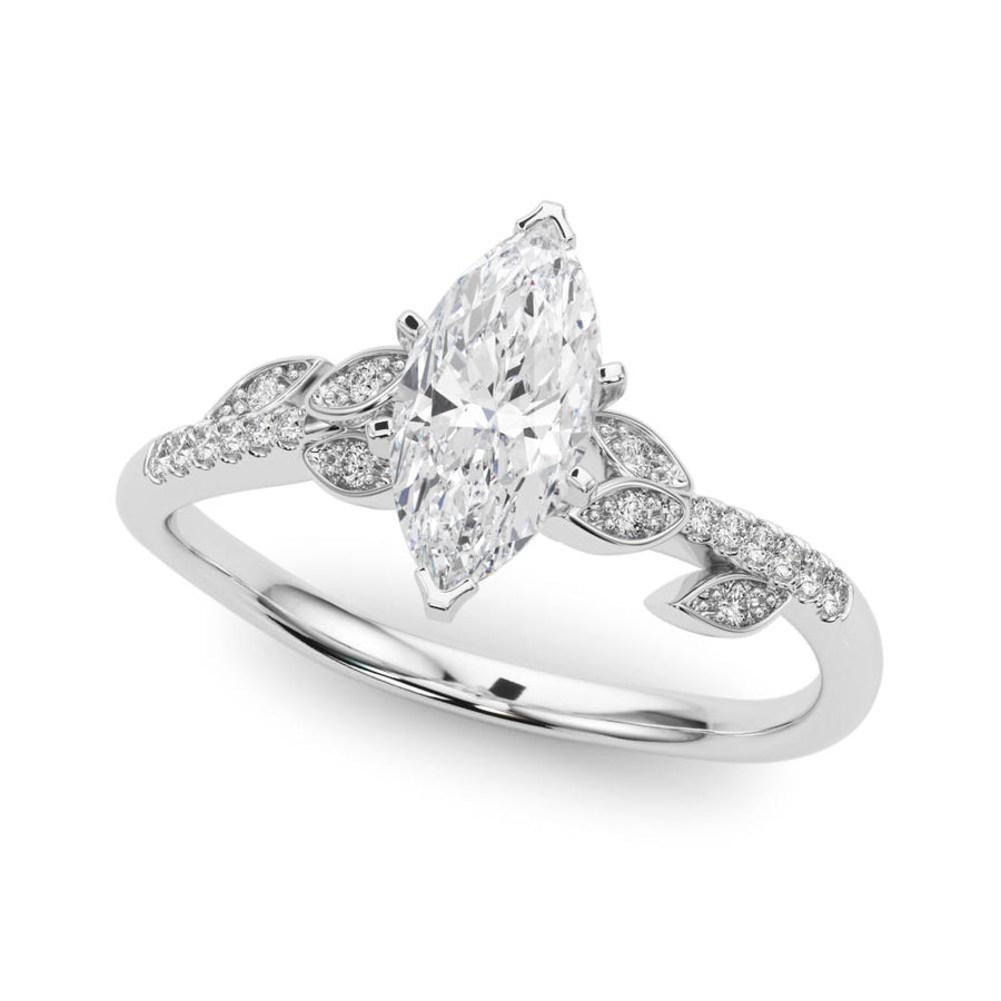 White gold Marquise Solitaire Leaf-Inspired Diamond Ring with Pavé Band and Four-Prong Setting
