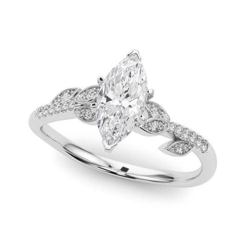 Silver Marquise Solitaire Leaf-Inspired Diamond Ring with Pavé Band and Four-Prong Setting 2