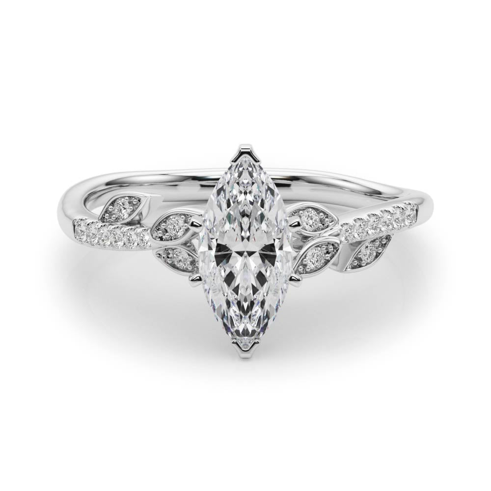 Silver Marquise Solitaire Leaf-Inspired Diamond Ring with Pavé Band and Four-Prong Setting