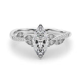 Silver Marquise Solitaire Leaf-Inspired Diamond Ring with Pavé Band and Four-Prong Setting
