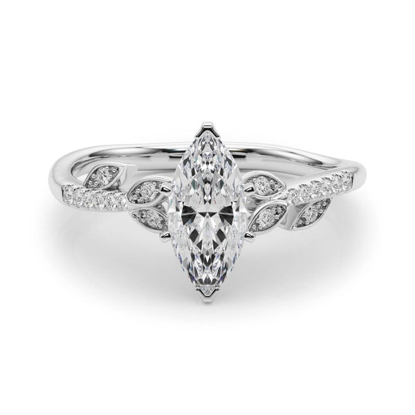 White gold Marquise Solitaire Leaf-Inspired Diamond Ring with Pavé Band and Four-Prong Setting