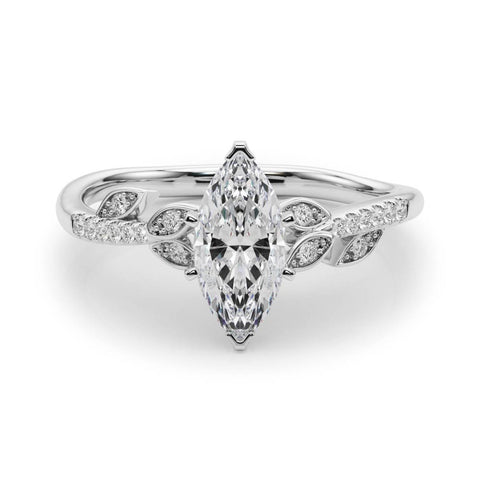 Silver Marquise Solitaire Leaf-Inspired Diamond Ring with Pavé Band and Four-Prong Setting