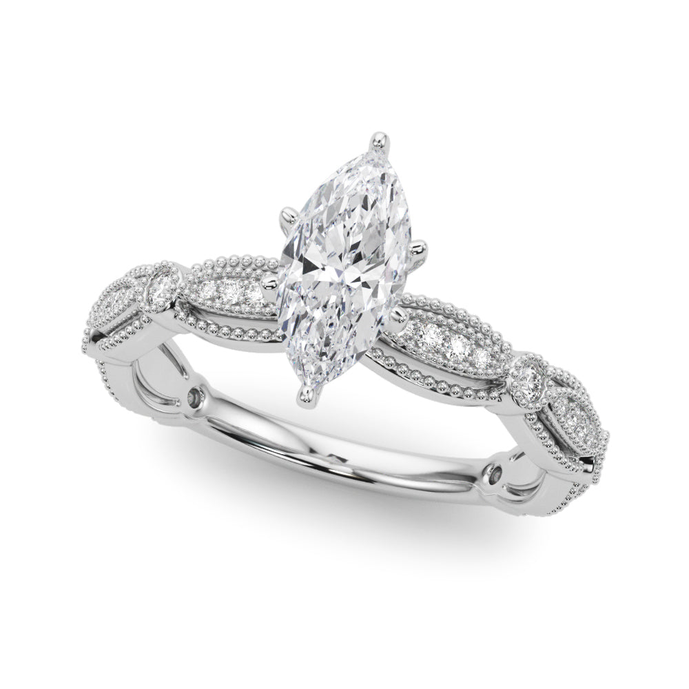 Silver Marquise Solitaire Milgrain Diamond Engagement Ring with Bezel and Marquise Band 2