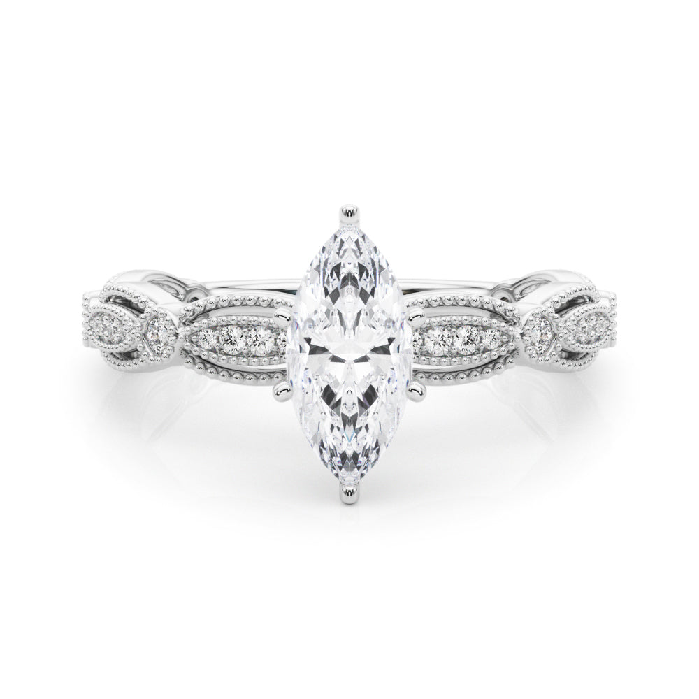 Silver Marquise Solitaire Milgrain Diamond Engagement Ring with Bezel and Marquise Band