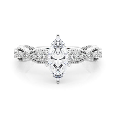 Silver Marquise Solitaire Milgrain Diamond Engagement Ring with Bezel and Marquise Band