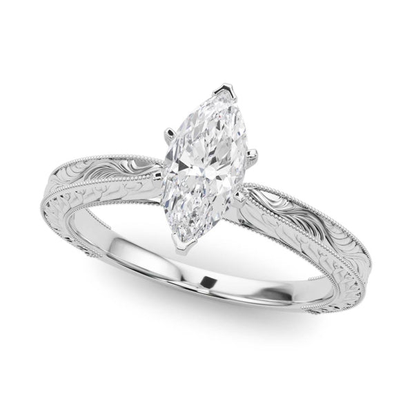 Sterling Silver Marquise Vintage Solitaire Engagement Ring Setting with Milgrain Engraved Band