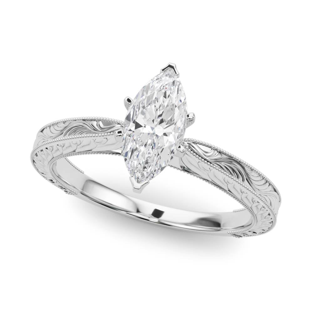 Silver 0.55 Carat E VS1 Marquise Solitaire Milgrain Engraved Band with Four-Prong Setting