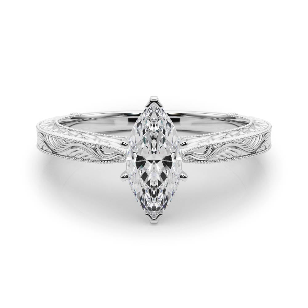 Silver Marquise Solitaire Milgrain Engraved Band with Four-Prong Setting