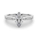 Silver Marquise Solitaire Milgrain Engraved Band with Four-Prong Setting