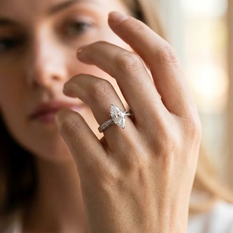 Silver 0.55 Carat E VS1 Marquise Solitaire Milgrain Engraved Band with Four-Prong Setting