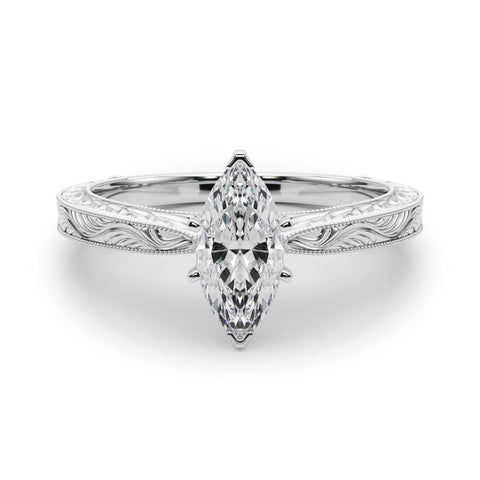 Silver 0.55 Carat E VS1 Marquise Solitaire Milgrain Engraved Band with Four-Prong Setting