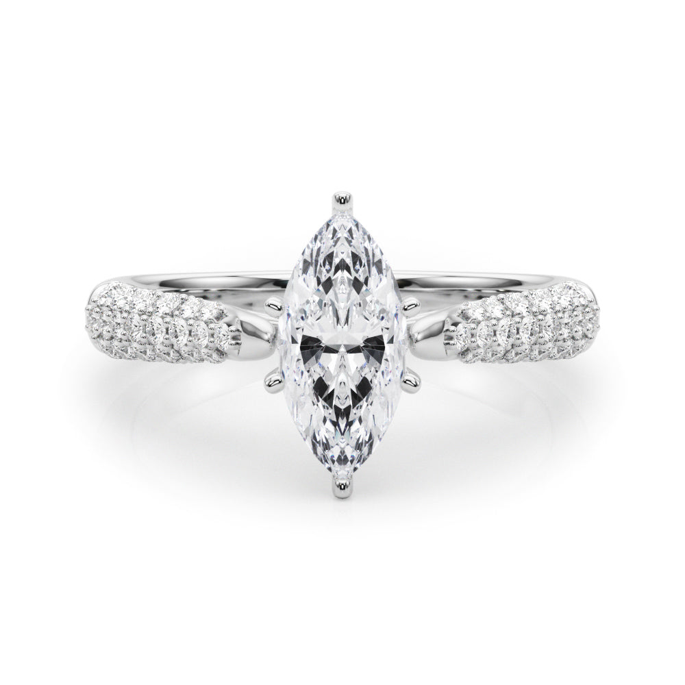 Silver Marquise Solitaire Pavé Diamond Engagement Ring with Four-Prong Setting
