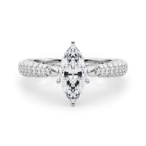 Silver Marquise Solitaire Pavé Diamond Engagement Ring with Four-Prong Setting