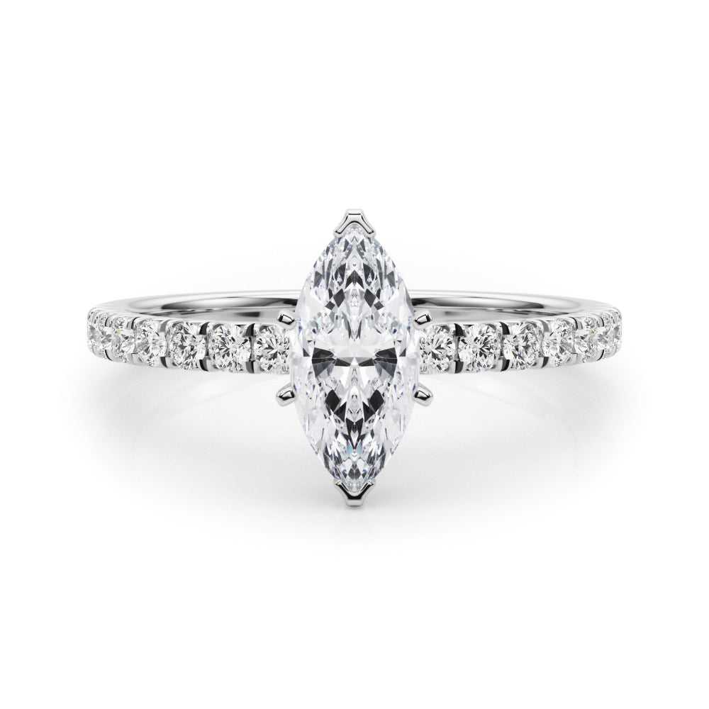 Silver Marquise Solitaire Pave Diamond Engagement Ring with Four-Prong Setting
