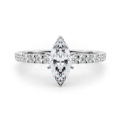 Silver Marquise Solitaire Pave Diamond Engagement Ring with Four-Prong Setting
