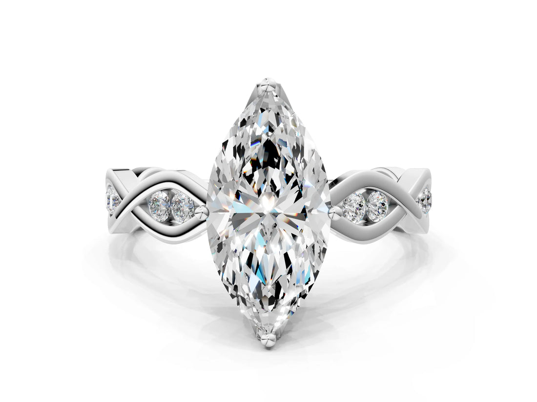 Silver Marquise Solitaire Twist Band with Leaf Prong Setting