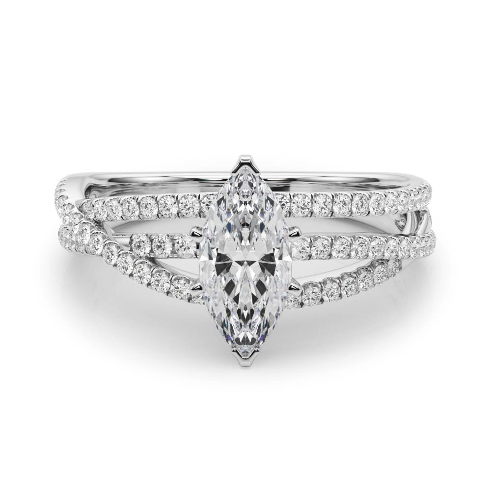 Silver Marquise Solitaire Twist Band with Pavé Setting and Four-Prong Setting