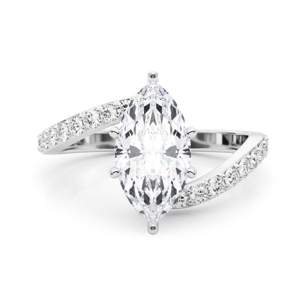 Silver Marquise Solitaire Twist Band with Pave Set Diamonds and Four-Prong Setting