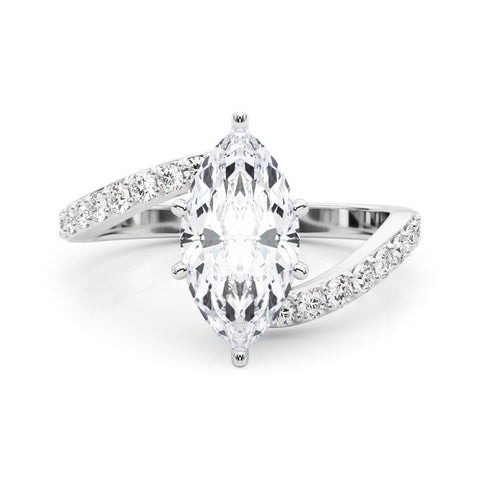 Silver Marquise Solitaire Twist Band with Pave Set Diamonds and Four-Prong Setting