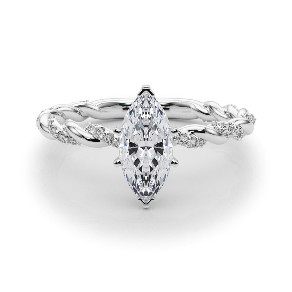 Silver Marquise Solitaire Twisted Band with Pavé Accents and Four-Prong Setting