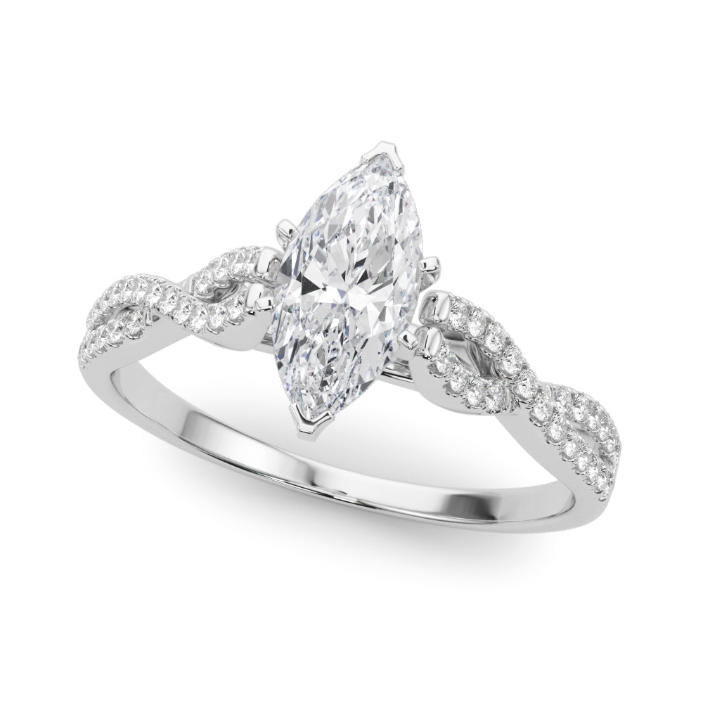 Silver Marquise Solitaire Twisted Pave Diamond Engagement Ring with Four-Prong Setting 2