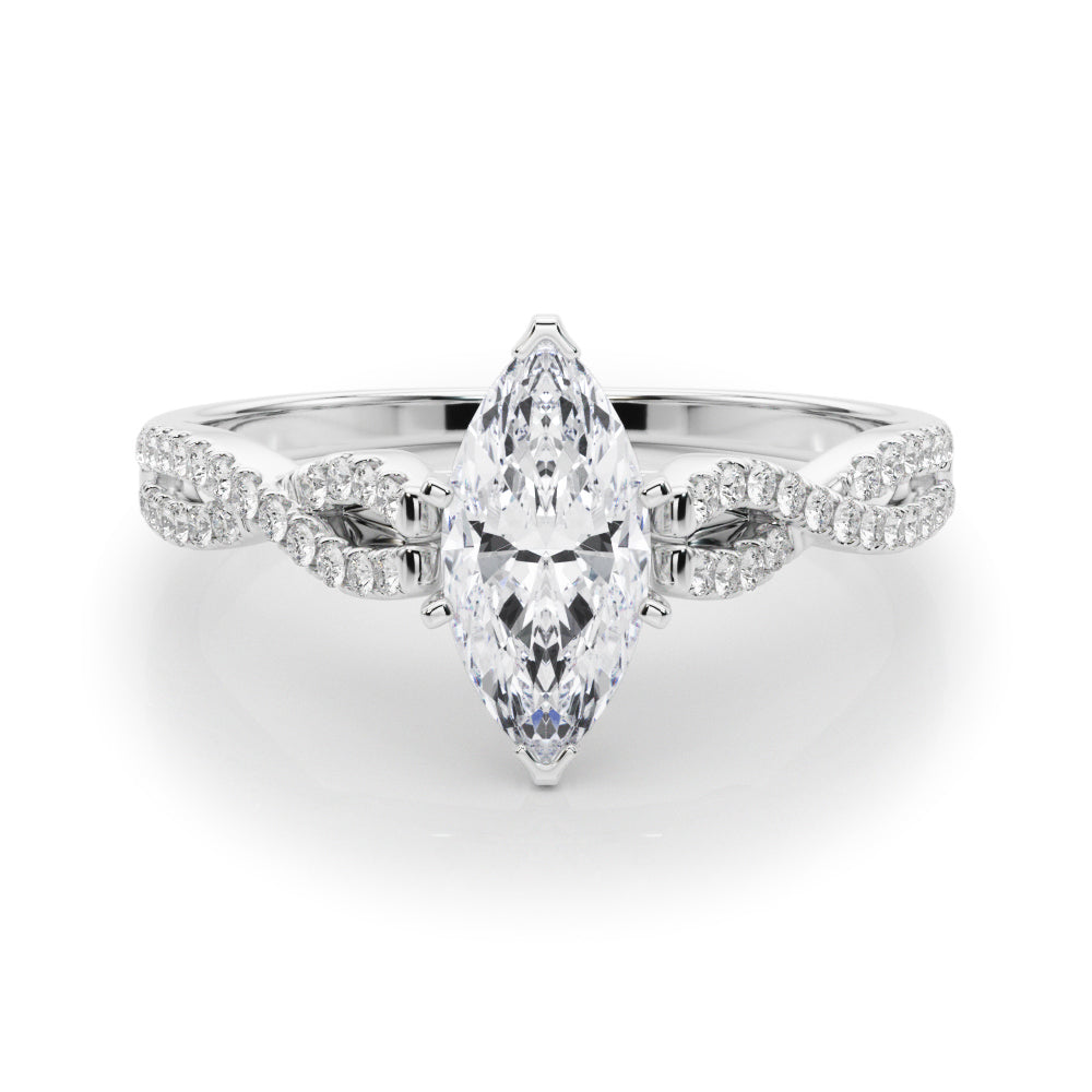 Silver Marquise Solitaire Twisted Pave Diamond Engagement Ring with Four-Prong Setting