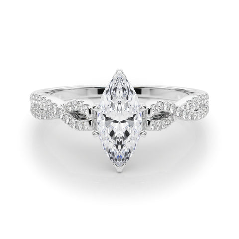 Silver Marquise Solitaire Twisted Pave Diamond Engagement Ring with Four-Prong Setting