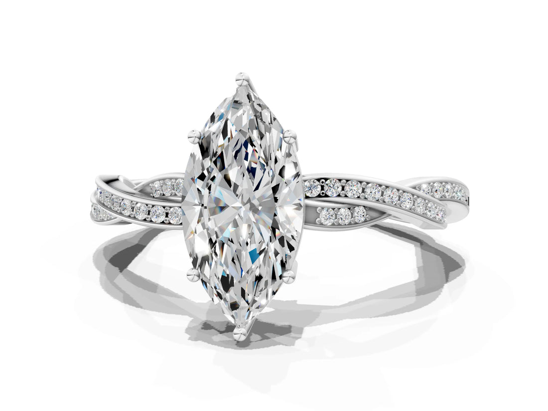 Silver Marquise Solitaire Twisted Pave Diamond Ring with Four-Prong Setting