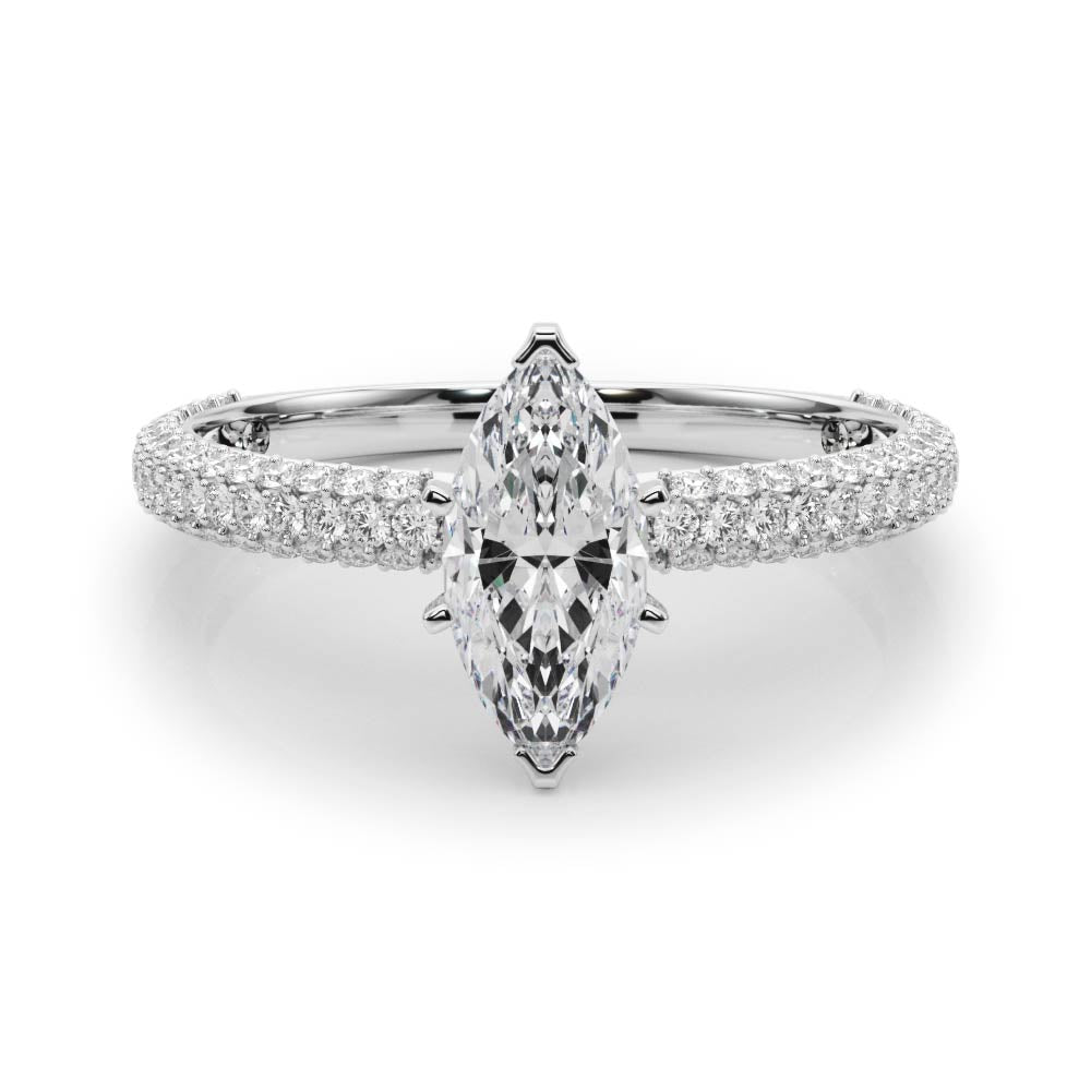 Silver Marquise Solitaire with Pave Band and Four-Prong Setting