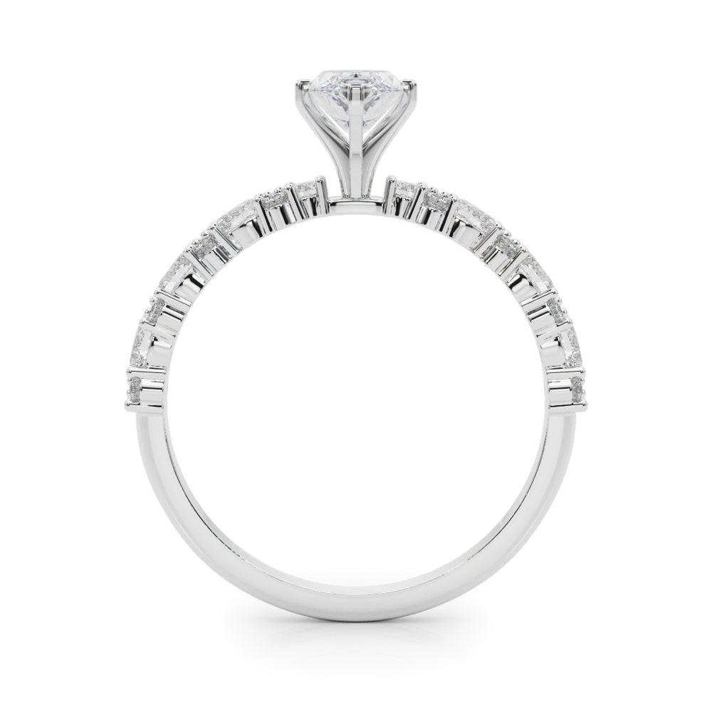 Silver Marquise Solitaire with Side Stones, Pave Band, Four-Prong Setting 1