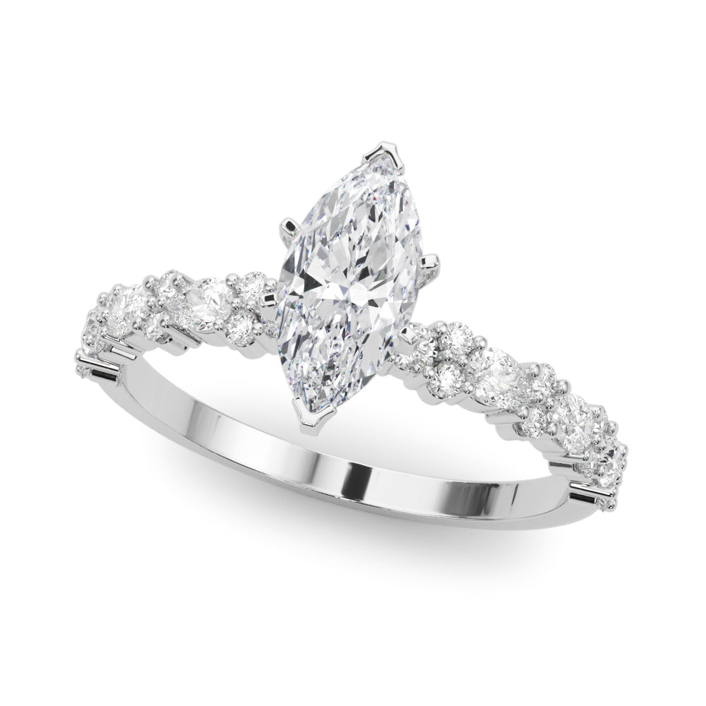 10K White Gold 5.07 Carat F VVS2 Marquise Solitaire with Side Stones, Pave Band, Four-Prong Setting
