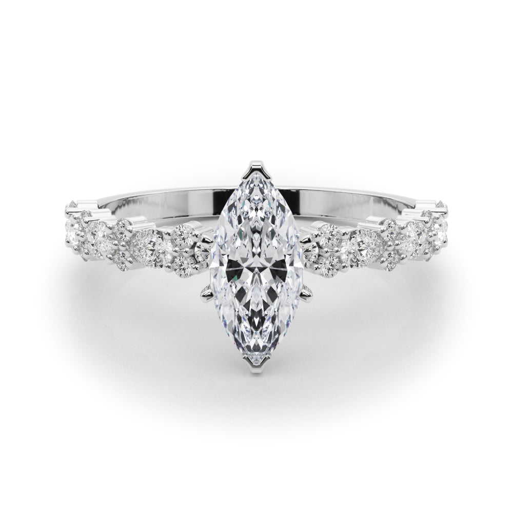 Silver Marquise Solitaire with Side Stones, Pave Band, Four-Prong Setting