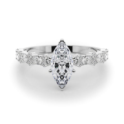 Silver Marquise Solitaire with Side Stones, Pave Band, Four-Prong Setting