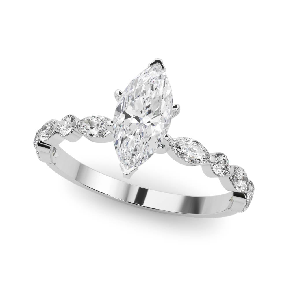 Silver 1.50 Carat E VVS2 Marquise Solitaire with Side Stones on a Pavé Band and Four-Prong Setting