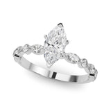 Silver 1.50 Carat E VVS2 Marquise Solitaire with Side Stones on a Pavé Band and Four-Prong Setting