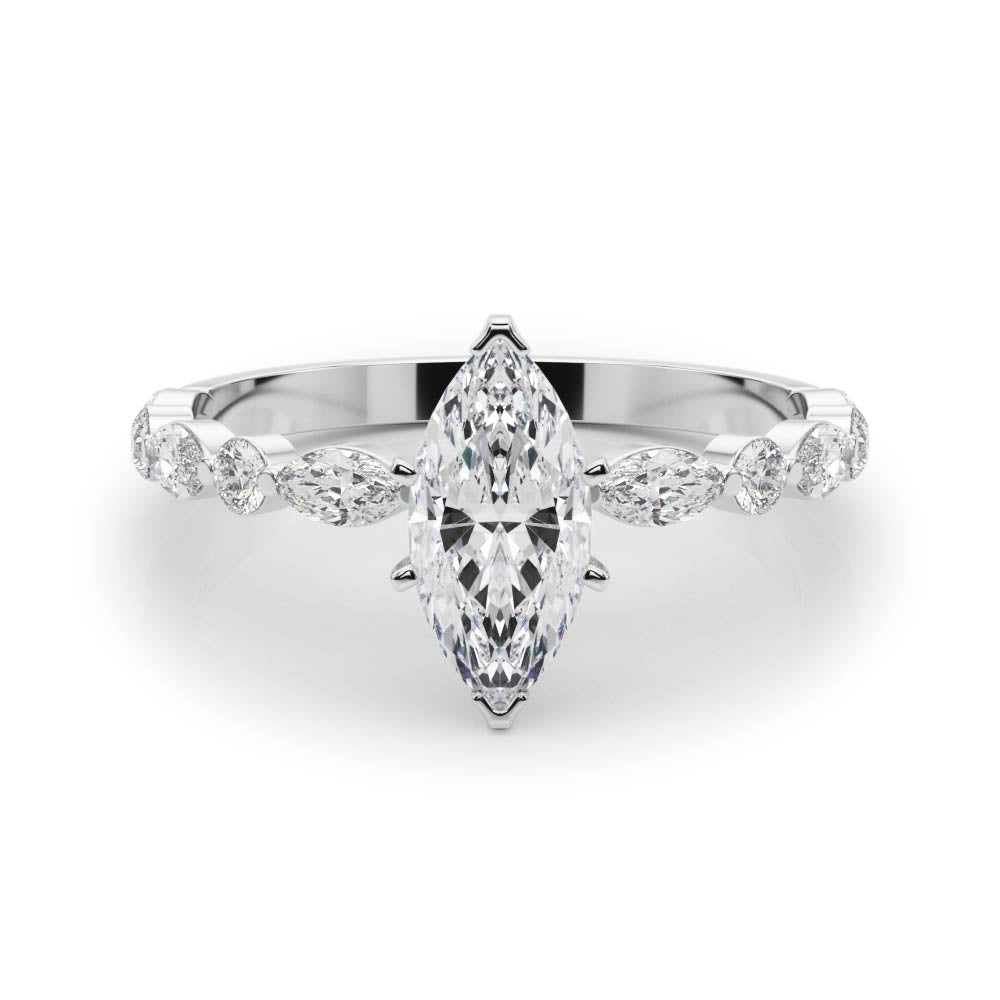 Silver Marquise Solitaire with Side Stones on a Pavé Band and Four-Prong Setting
