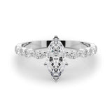 Silver 1.50 Carat E VVS2 Marquise Solitaire with Side Stones on a Pavé Band and Four-Prong Setting