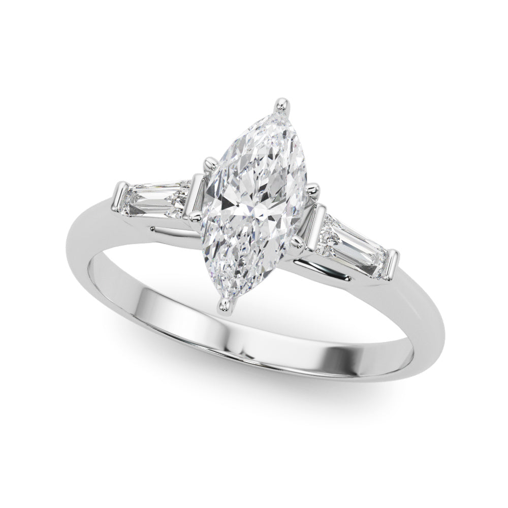 Silver Marquise Solitaire with Tapered Baguette Side Stones on a Classic Band with Four-Prong Setting 2