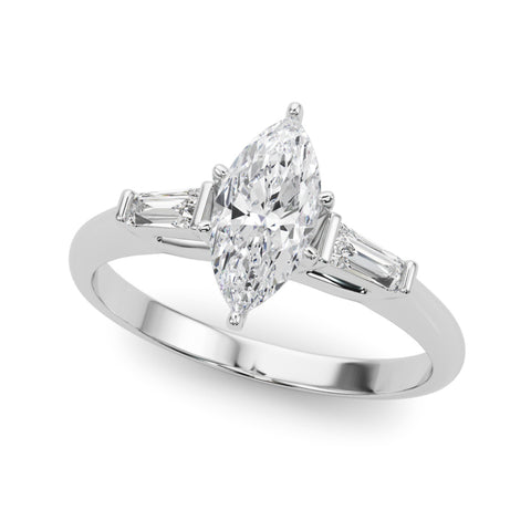 Silver Marquise Solitaire with Tapered Baguette Side Stones on a Classic Band with Four-Prong Setting 2