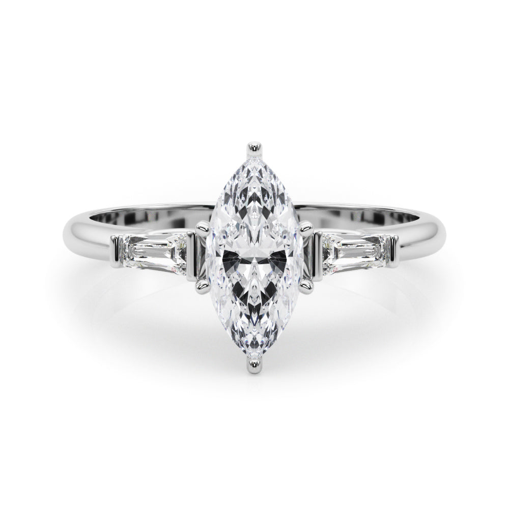 Silver Marquise Solitaire with Tapered Baguette Side Stones on a Classic Band with Four-Prong Setting
