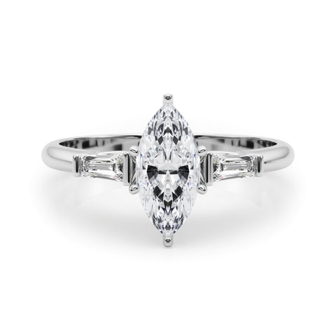 Silver Marquise Solitaire with Tapered Baguette Side Stones on a Classic Band with Four-Prong Setting