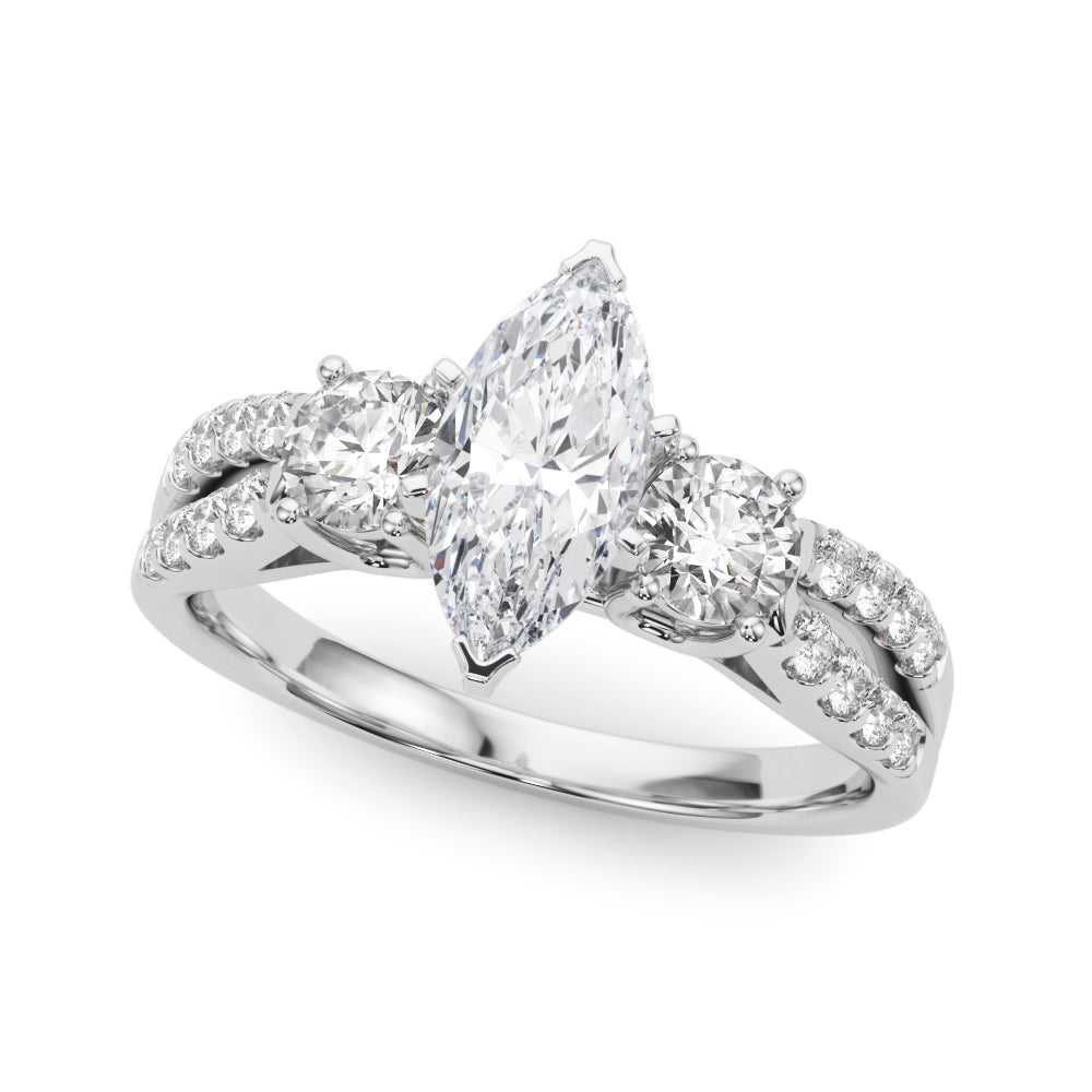 Silver Marquise Three-Stone Diamond Ring with Pavé Split Shank and Four-Prong Setting 2
