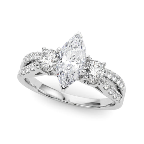 Silver Marquise Three-Stone Diamond Ring with Pavé Split Shank and Four-Prong Setting 2