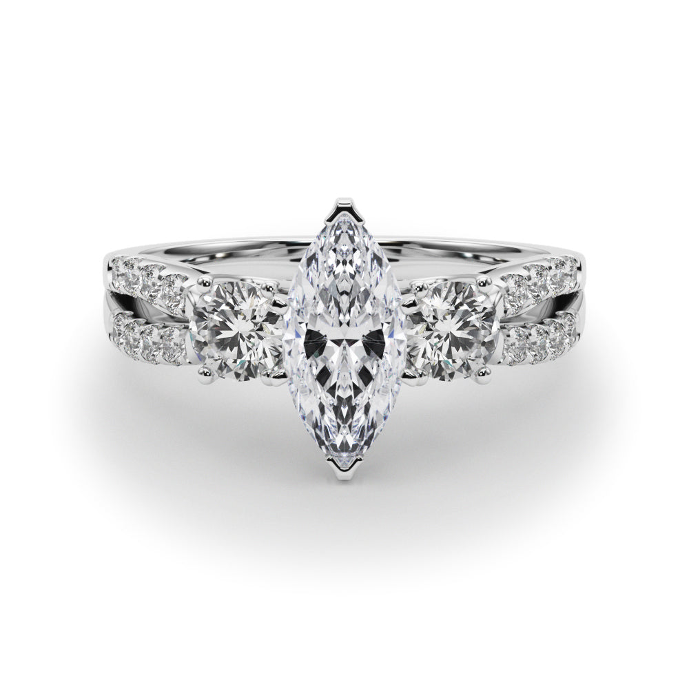 Silver Marquise Three-Stone Diamond Ring with Pavé Split Shank and Four-Prong Setting